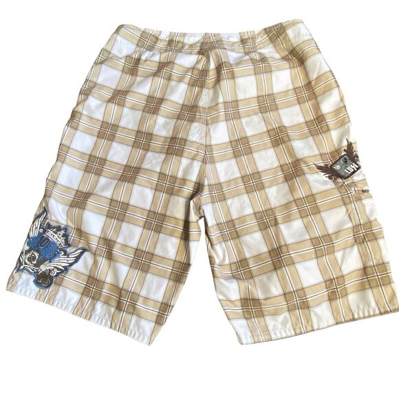 Lost Enterprises Board Shorts Plaid Crown Wings Embroidered Patches Men's Sz 36 - Picture 2 of 9